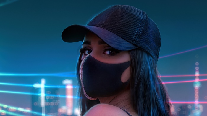Girl in baseball cap and face mask with neon city background