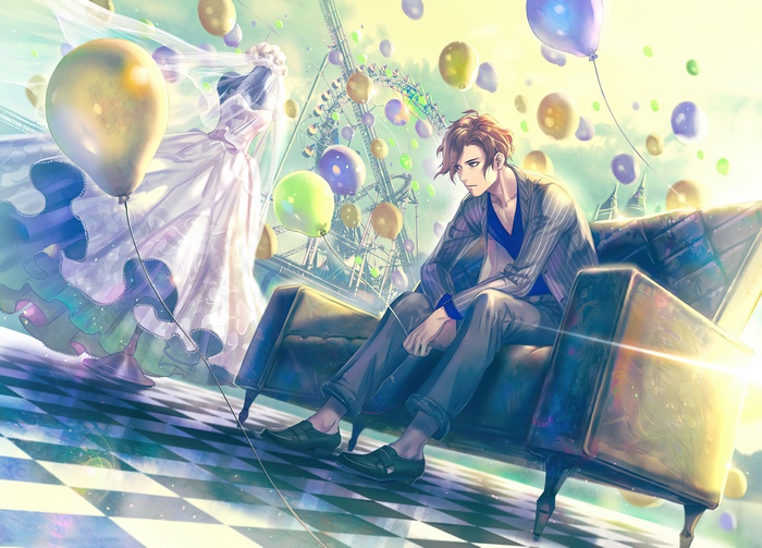 Man in suit sitting on couch with wedding dress and balloons