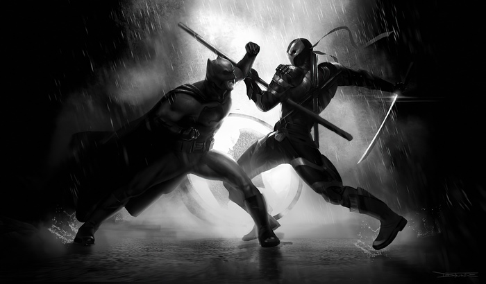 Batman vs Deathstroke in monochrome artwork