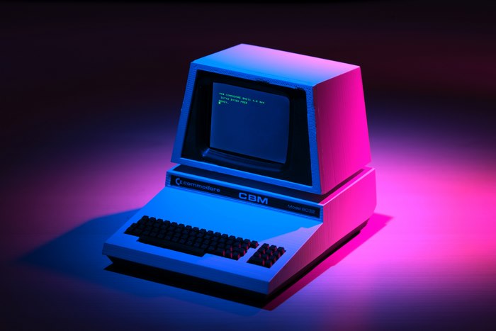 Commodore CBM Model 8032 computer with retrowave lighting