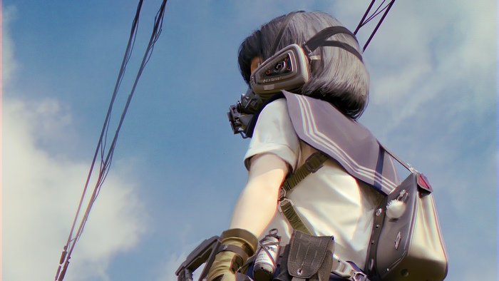 Anime girl with gas mask and gun