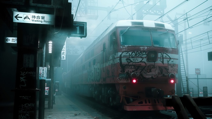 Graffiti-covered train at a foggy station