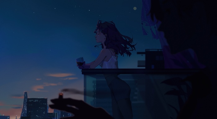 Woman with wine and cigarette on balcony at night