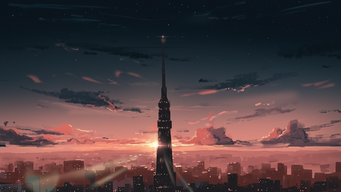 Anime cityscape with tower at sunset 4K