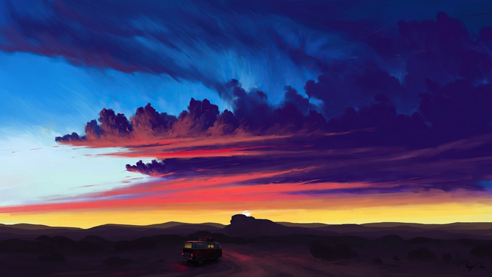 Van driving towards sunset with dramatic clouds