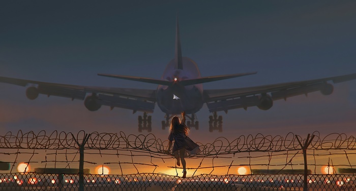 Girl reaching for airplane at sunset