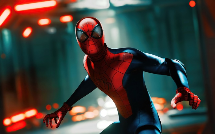 Spider-Man in a dark, futuristic city