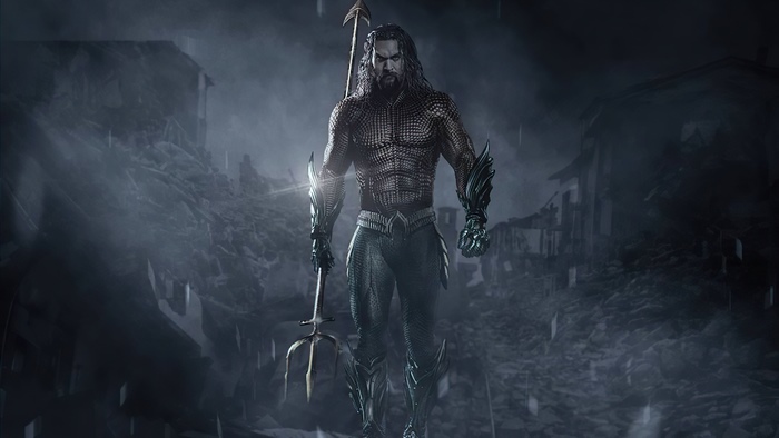 Aquaman with Trident in Ruined City