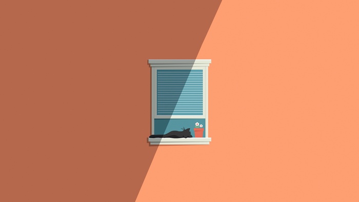 Minimalist artwork of a black cat on a windowsill