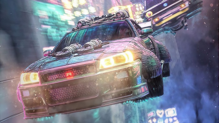 Nissan Skyline R34 in a futuristic city