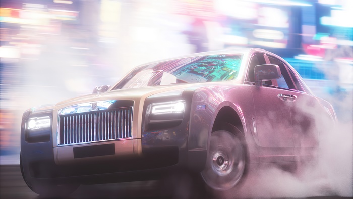 Rolls-Royce drifting in a neon city