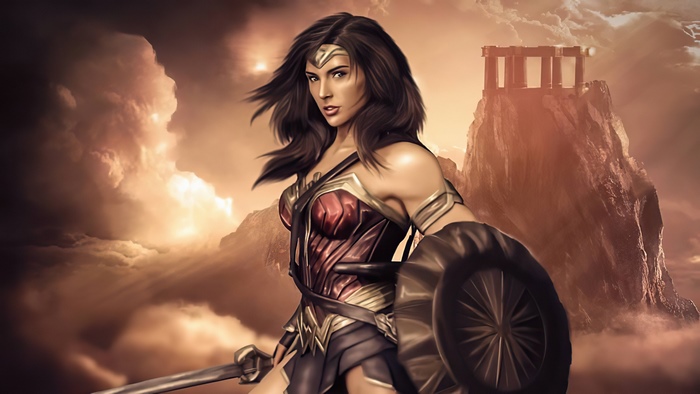 Wonder Woman on a mountain with ruins