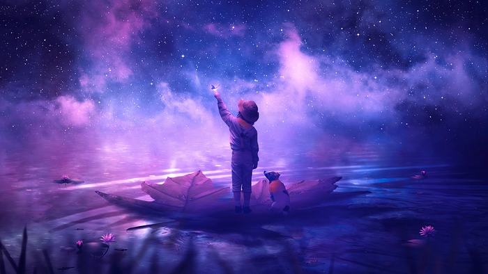 Child and dog on a leaf boat under a starry sky
