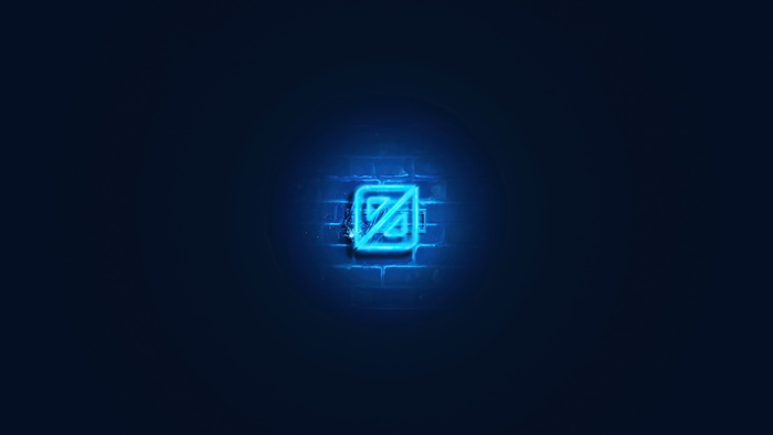 Blue neon logo on brick wall