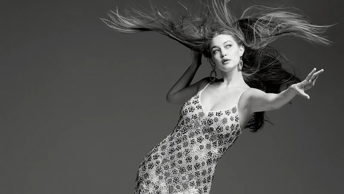 Gigi Hadid in monochrome studio portrait