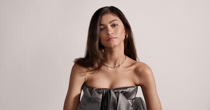 Zendaya in a grey strapless dress with a necklace