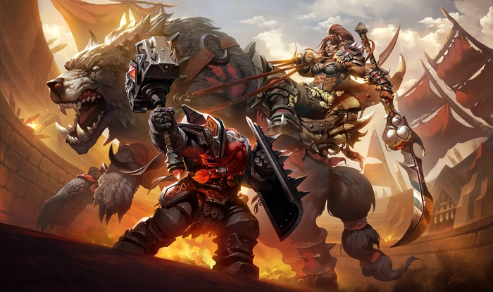 Orc warrior riding a wolf-like creature in a battle arena