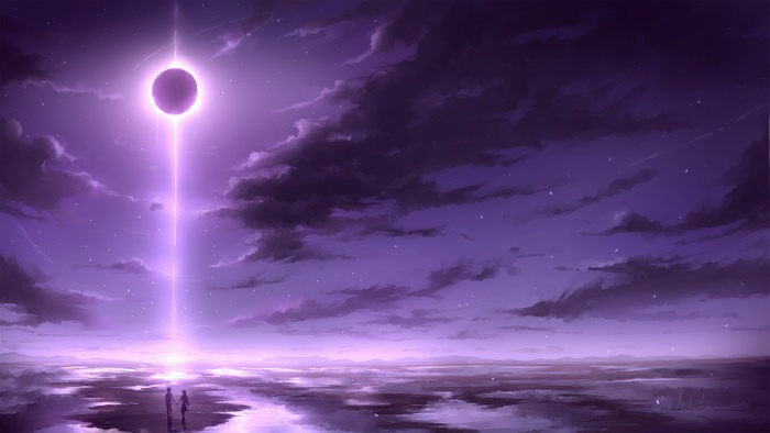 Couple under a purple eclipse with light beam
