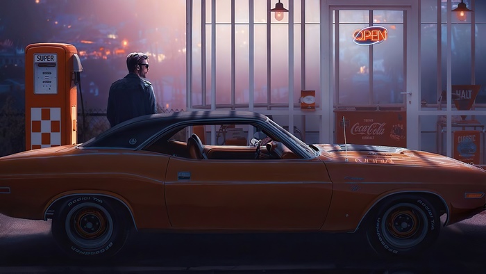 Man at a vintage gas station with a classic car