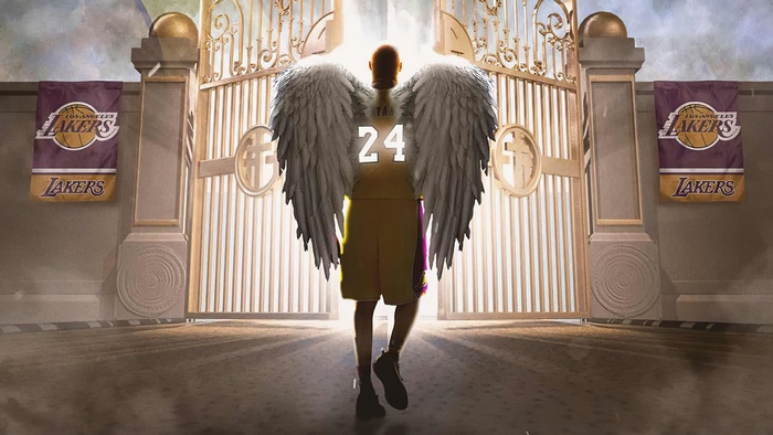 Kobe Bryant with wings at the gates of heaven