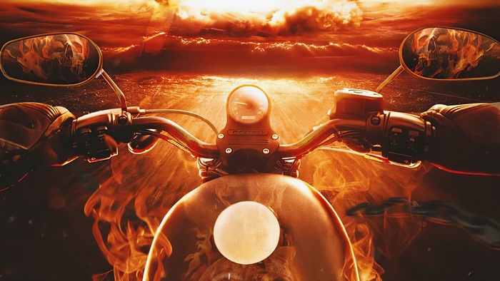 Ghost Rider on a motorcycle in hell