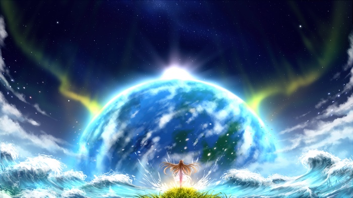 Girl in front of planet Earth with aurora