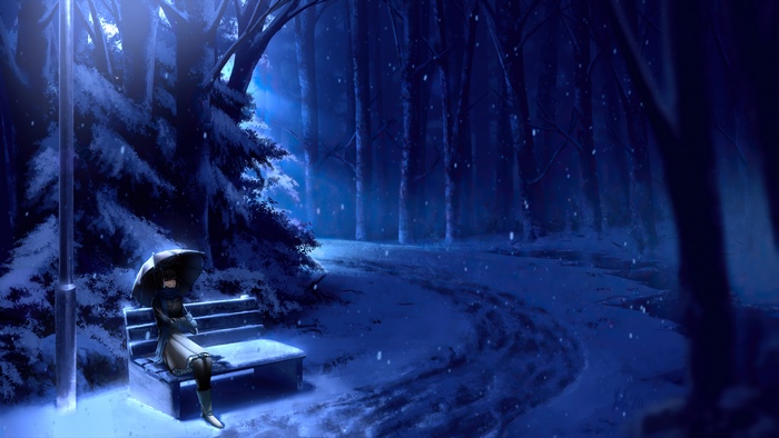 Anime girl with umbrella sitting on a bench in a snowy forest