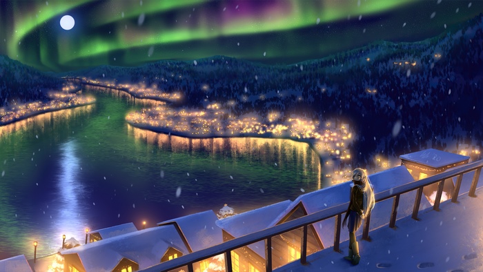 Anime girl watching aurora borealis over snowy town