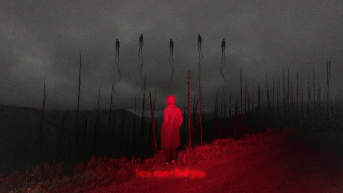 Figure in red coat in desolate landscape with spectral figures