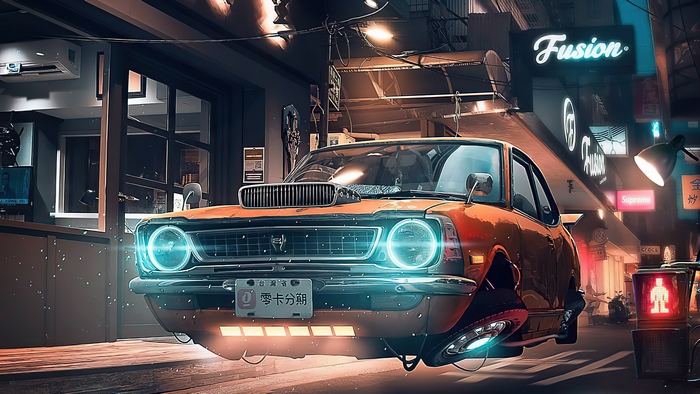 Sci-fi artwork of a flying orange car in a neon city