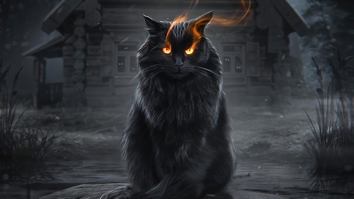 Black cat with fiery eyes in front of a cabin