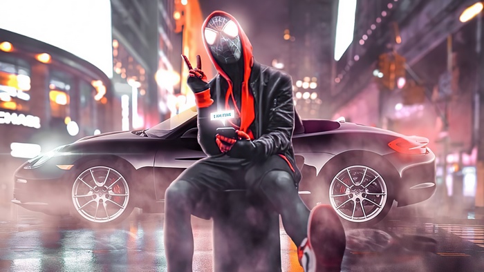 Miles Morales from Spiderman sitting by a car