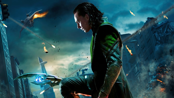 Loki from Avengers in a destroyed city