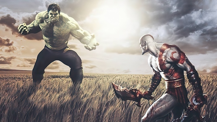 Hulk vs. Kratos in a field