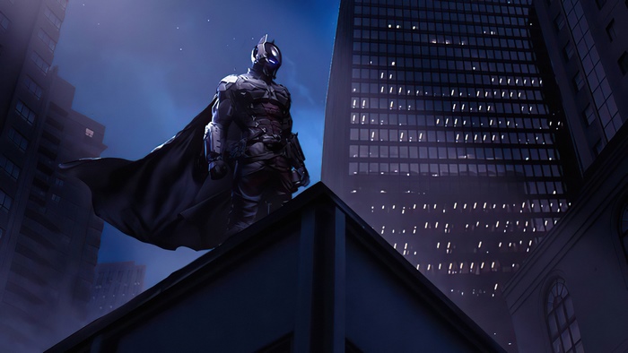Batman standing on a rooftop in Gotham City 4K