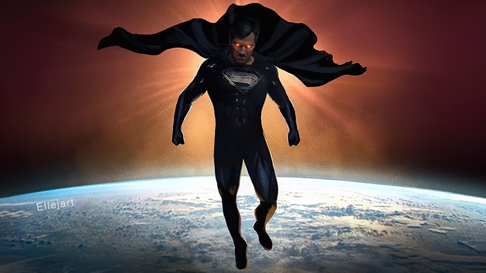 Superman from DC Comics in black suit with red eyes