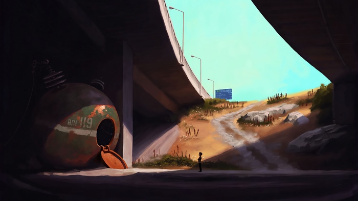 Artwork of a lone figure under a bridge with a large spherical object