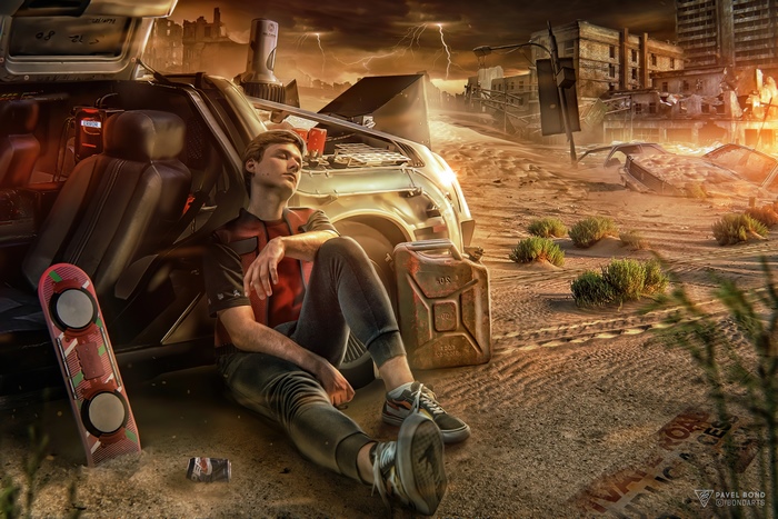 Marty McFly from Back to the Future in a post-apocalyptic setting