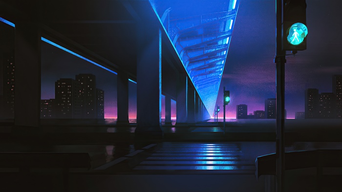 Digital art of a city at night with traffic lights