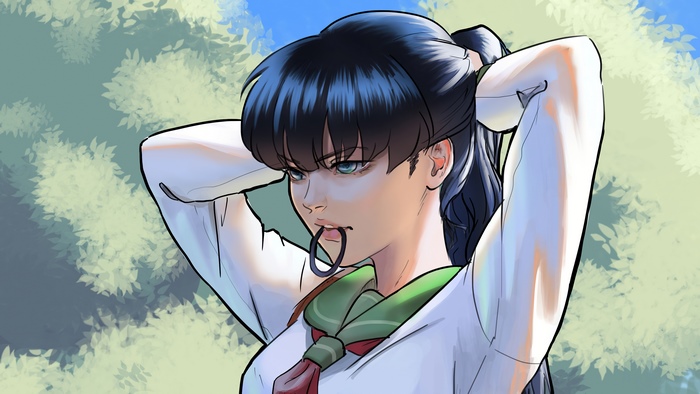 Kagome Higurashi tying her hair