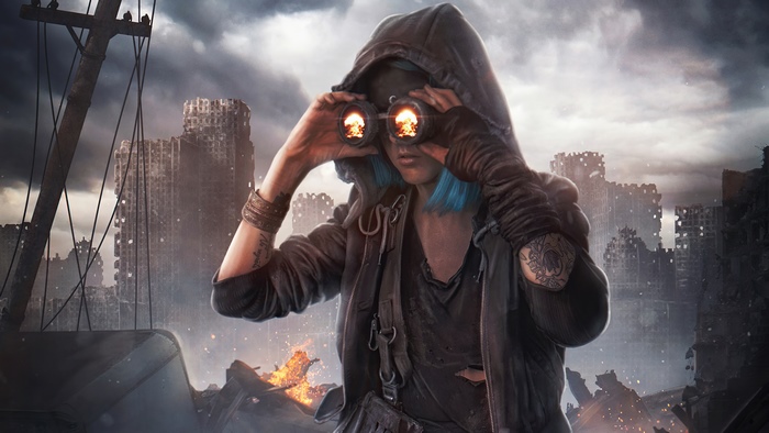 Post-apocalyptic warrior with goggles in ruined city