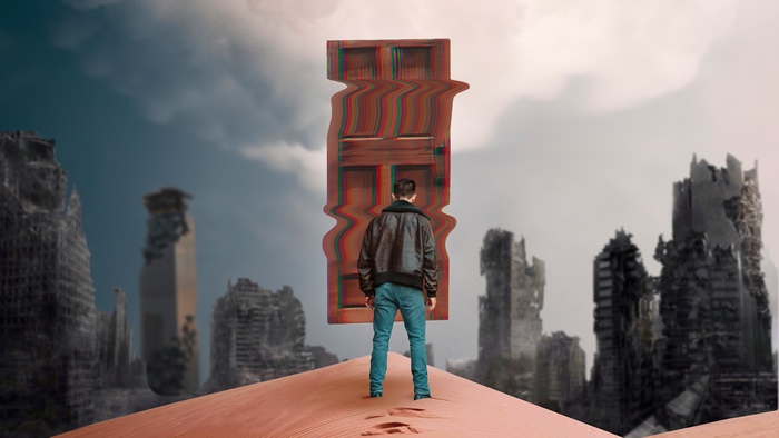 Man in a ruined city looking at a distorted door