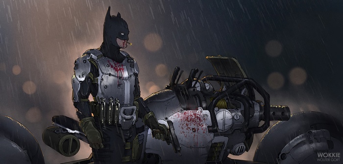 Batman with a cigarette and his Batcycle in the rain