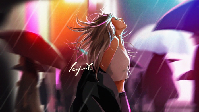 Artwork of a woman in the rain with umbrellas