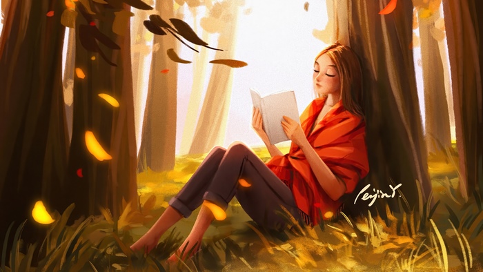 Girl reading a book in a forest during autumn