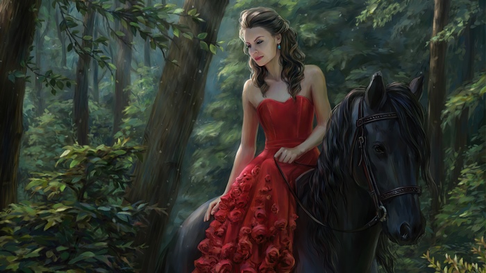 Woman in red dress riding a black horse in a forest