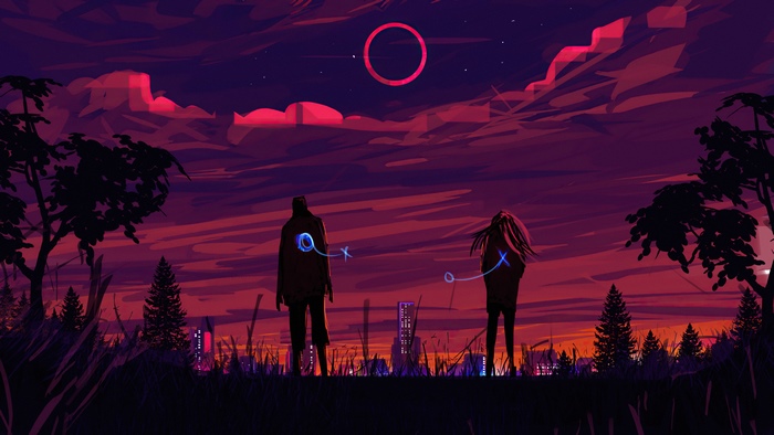 Couple connected by glowing lines under a pink and purple sky