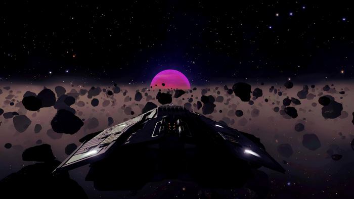Elite Dangerous spaceship in asteroid field with pink planet