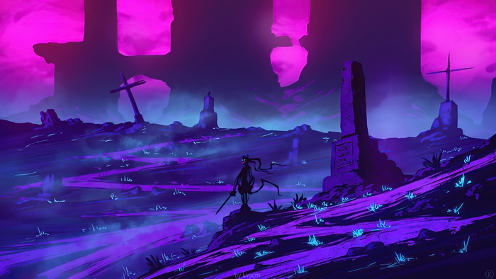 Warrior with sword in a ruined landscape
