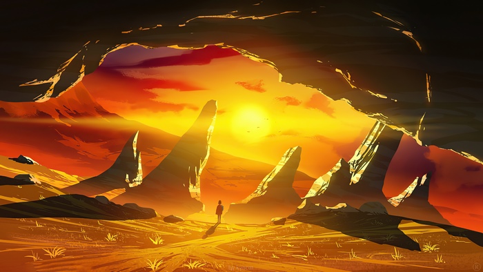 Digital art of a desert landscape at sunset